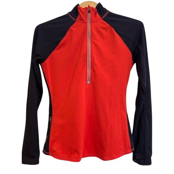 ATHLETA Running Wild Shirt Red Navy Blue Fall Winter Thumbholes 1/2 zip SMALL - Picture 1 of 8